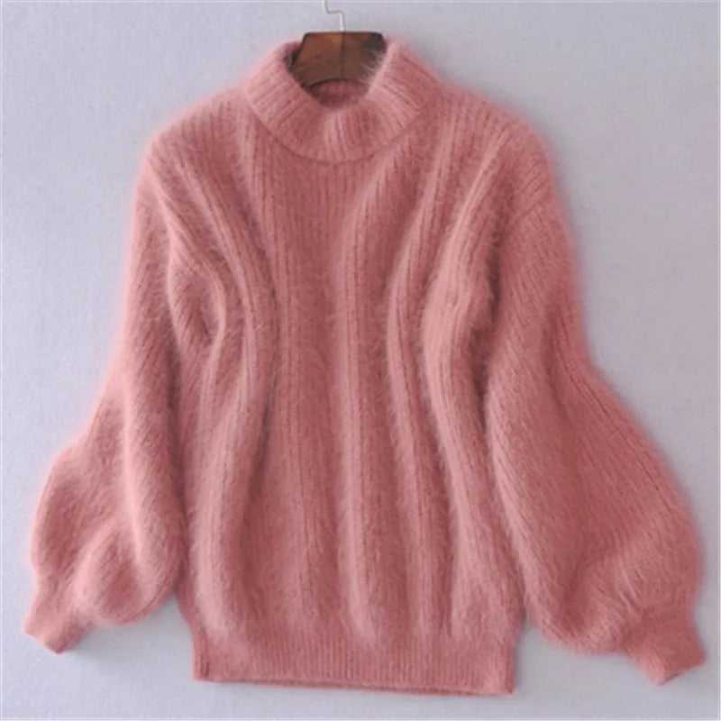 סוודר סרוג רחב בצבע אחיד - סוודר אנגורה בסגנון וינטג'