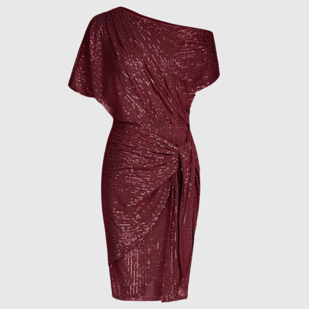 שמלת ערב מרהיבה צמודה לגוף עם כתף חשופה ומעוטרת בנצנצים