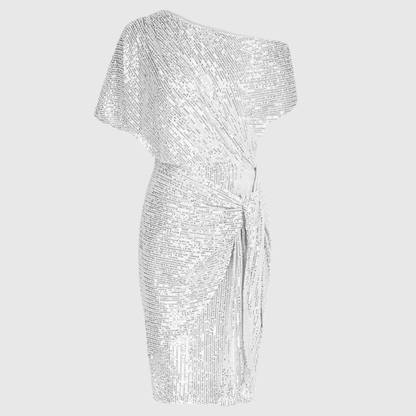 שמלת ערב מרהיבה צמודה לגוף עם כתף חשופה ומעוטרת בנצנצים