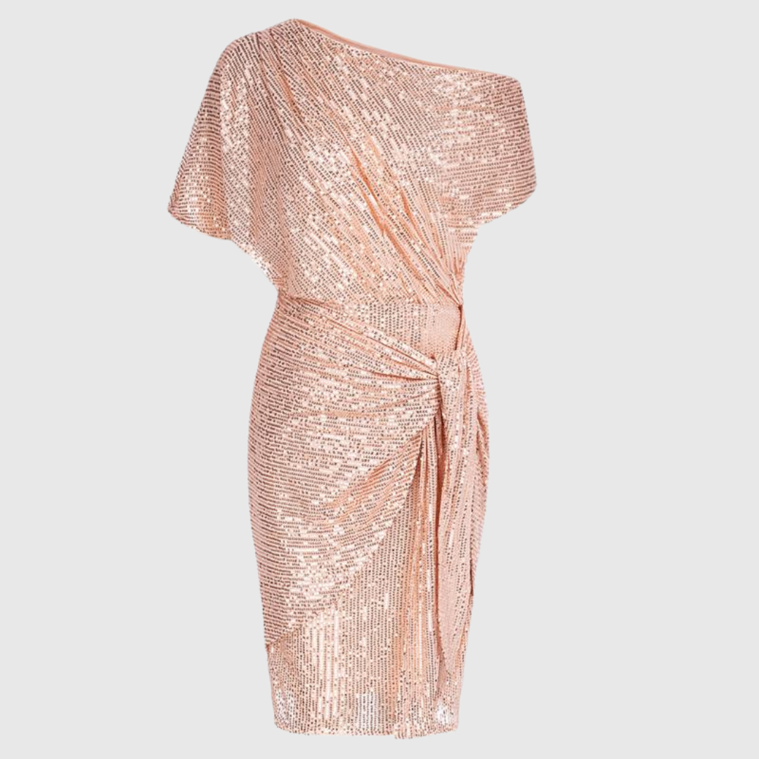 שמלת ערב מרהיבה צמודה לגוף עם כתף חשופה ומעוטרת בנצנצים