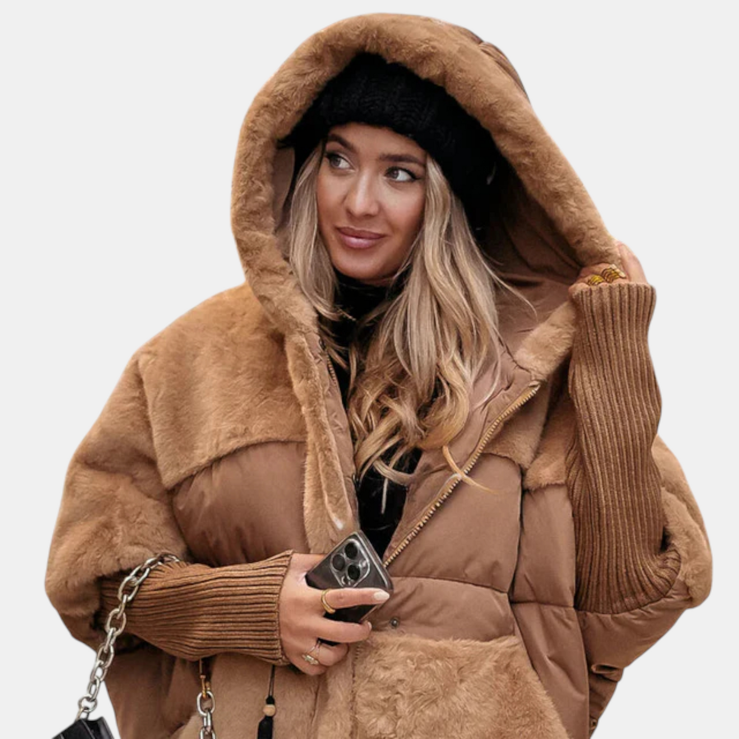 מעיל נפוח אוברסייז עם קפוצ'ון ובטלאים